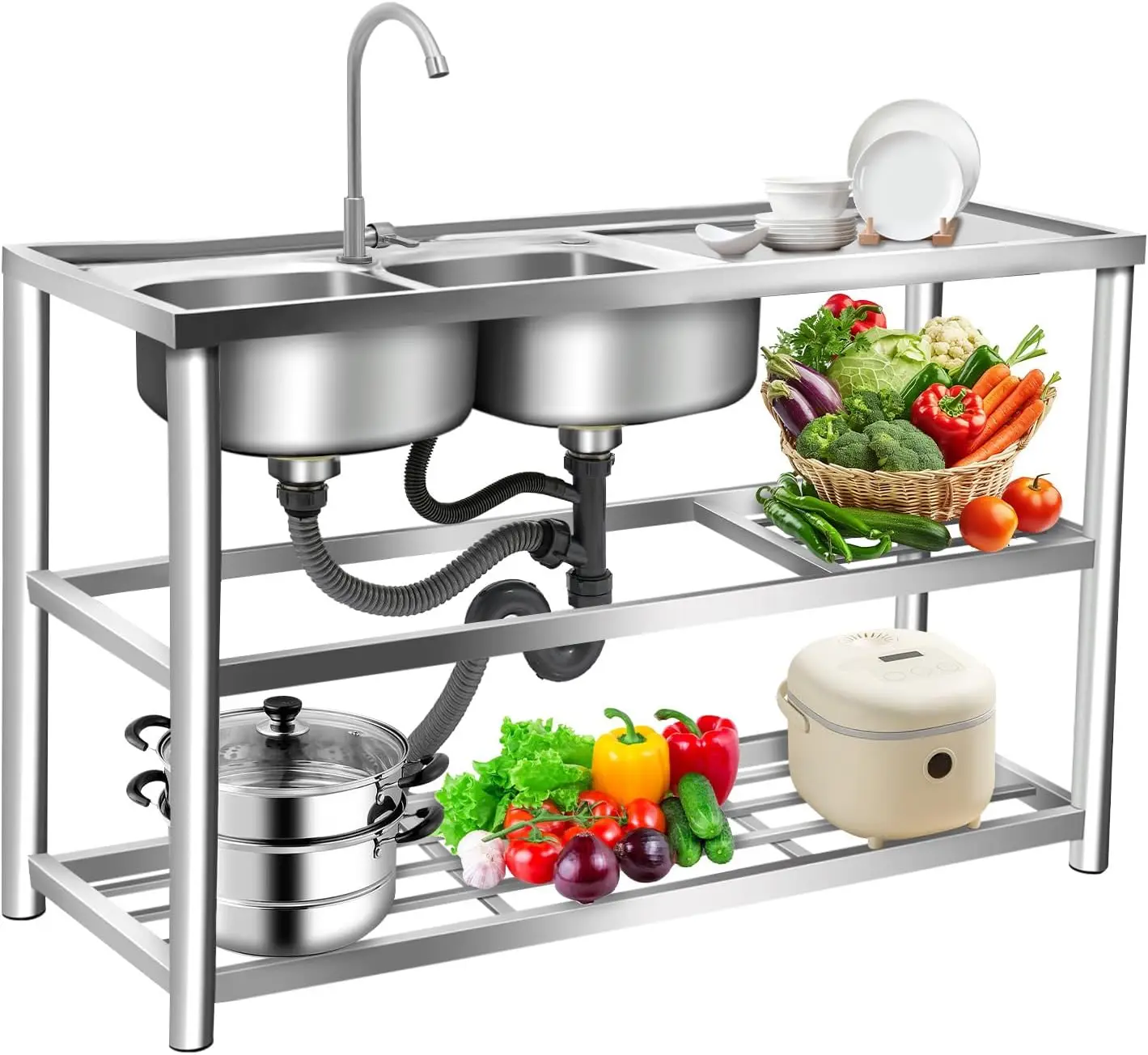 Pia de Aço Inoxidável de 3 Nív - Commercial Kitchen Sink avaliação e preço